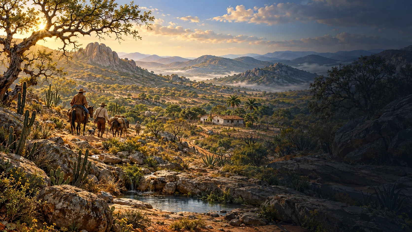Reconstituição artística da paisagem rural do Imbé, com viajantes, morros e um caminho